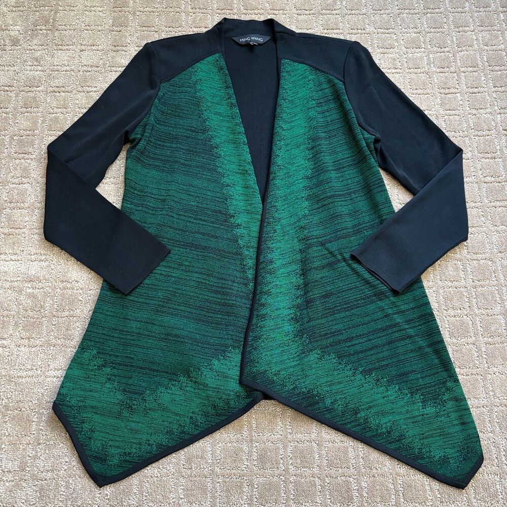 Ming Wang Knit Cardigan Sweater Women's XS Green Black Open Mature Office Career